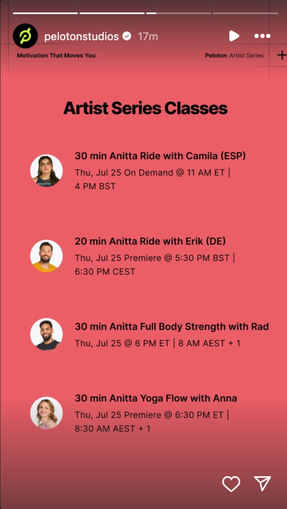 Peloton's Anitta class list. Image credit Peloton social media.